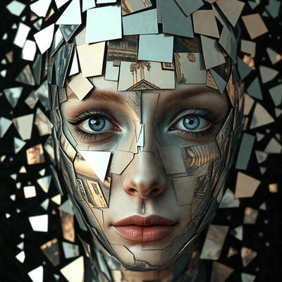 The primary subject of the image is a woman with a unique and artistic appearance. She is wearing a headpiece made of mirrors, which adds a visually striking element to her look. The setting is a black background, which further emphasizes the woman's reflection in the mirrors. The visual style of the image is a combination of photo and digital art, creating a striking and creative portrait. The colors and mood of the image are predominantly dark, with the woman's reflection in the mirrors being